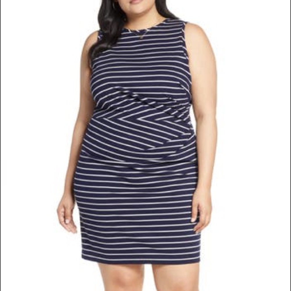 1901 Blue and White Side Gathered Ruched Striped Sheath Dress Size 16